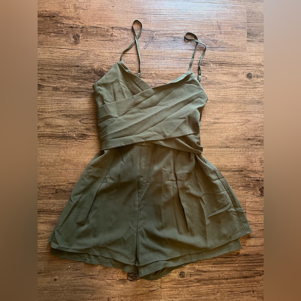 green spaghetti strap romper with wrap around ties